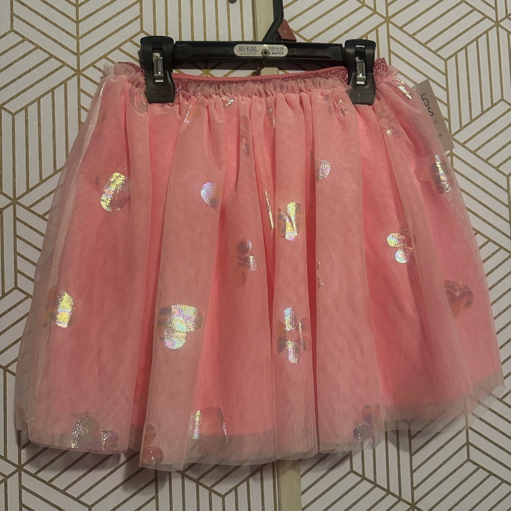 Pink Tulle Skirt with Holographic Hearts & Flower Print, NWT, Multiple Sizes